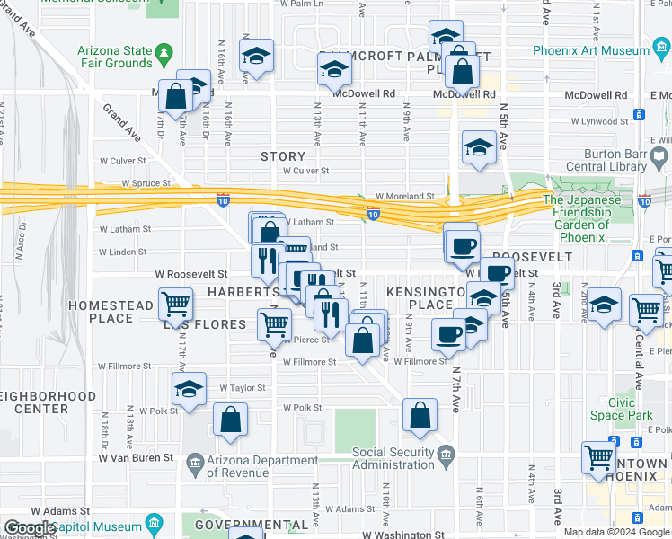 map of restaurants, bars, coffee shops, grocery stores, and more near 1003 North 13th Avenue in Phoenix