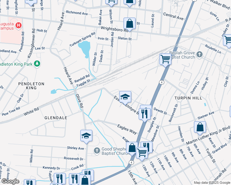 map of restaurants, bars, coffee shops, grocery stores, and more near 1755 Essie McIntyre Boulevard in Augusta