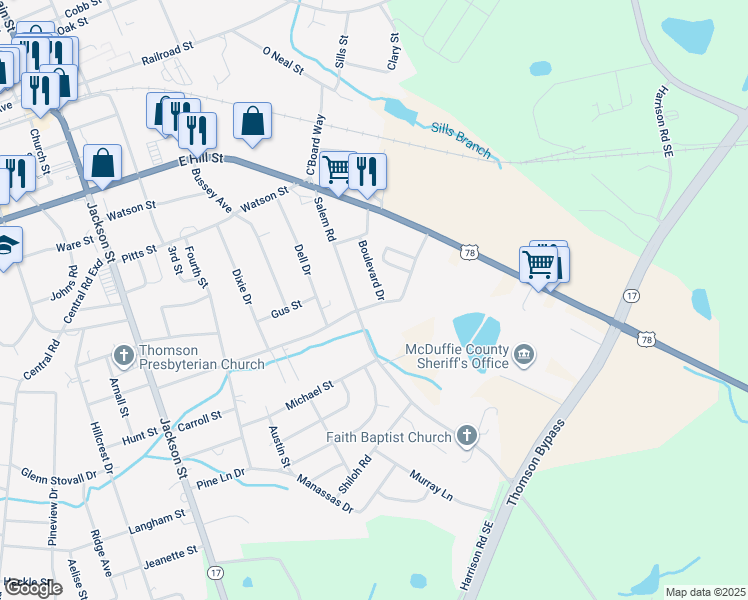 map of restaurants, bars, coffee shops, grocery stores, and more near 13 Boulevard Drive in Thomson