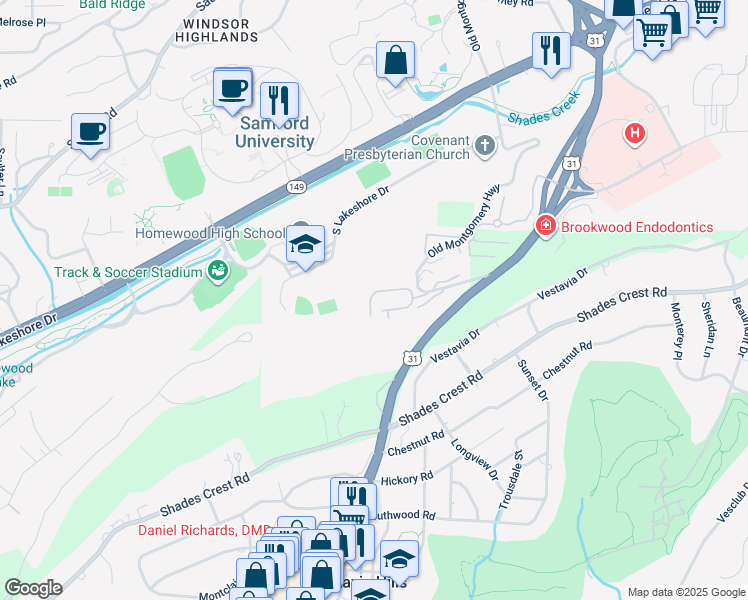 map of restaurants, bars, coffee shops, grocery stores, and more near 507 Woodland Village in Birmingham