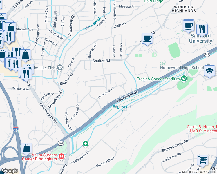 map of restaurants, bars, coffee shops, grocery stores, and more near 111 Rockaway Road in Birmingham