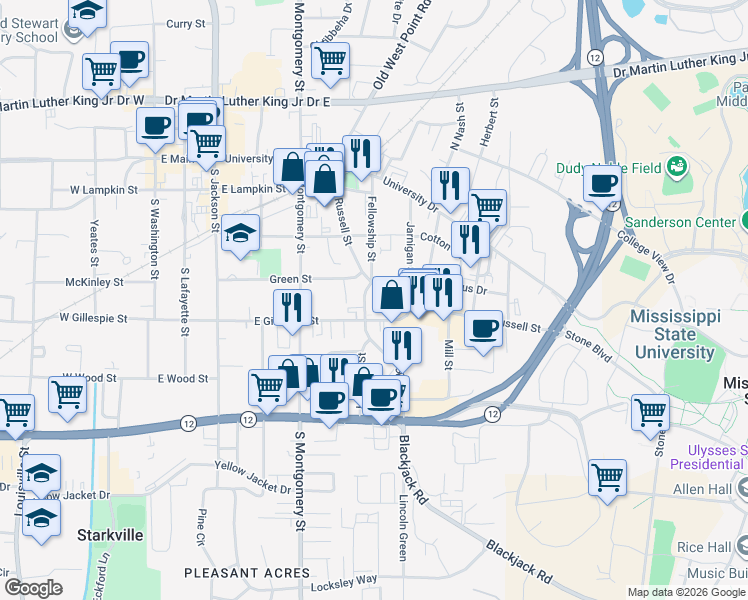 map of restaurants, bars, coffee shops, grocery stores, and more near Spring Street in Starkville