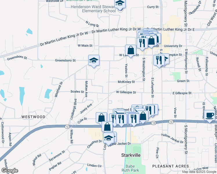 map of restaurants, bars, coffee shops, grocery stores, and more near 400 Louisville Street in Starkville