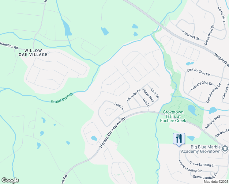 map of restaurants, bars, coffee shops, grocery stores, and more near 468 Lory Lane in Grovetown