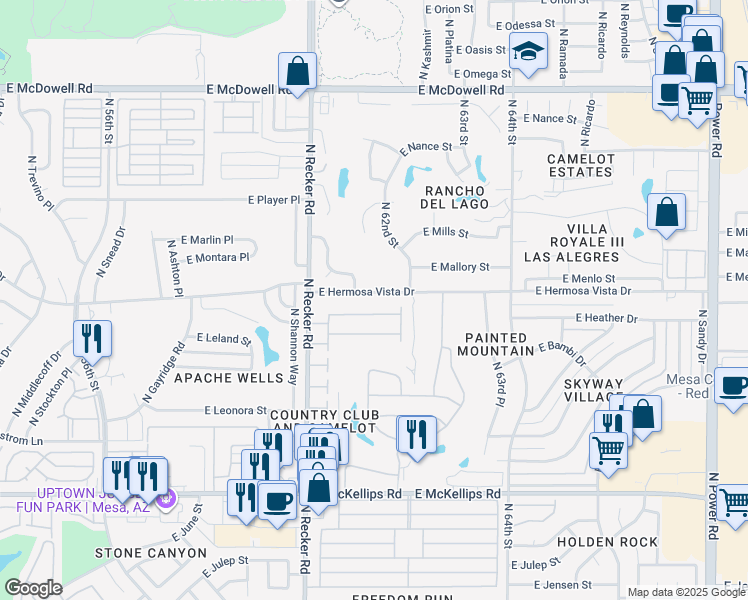 map of restaurants, bars, coffee shops, grocery stores, and more near 6109 East Hermosa Vista Drive in Mesa