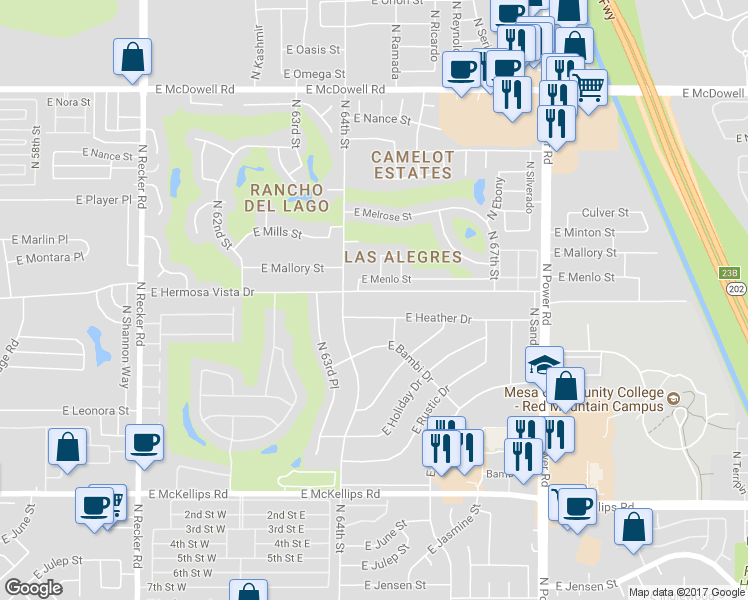map of restaurants, bars, coffee shops, grocery stores, and more near 6431 East Hermosa Vista Drive in Mesa