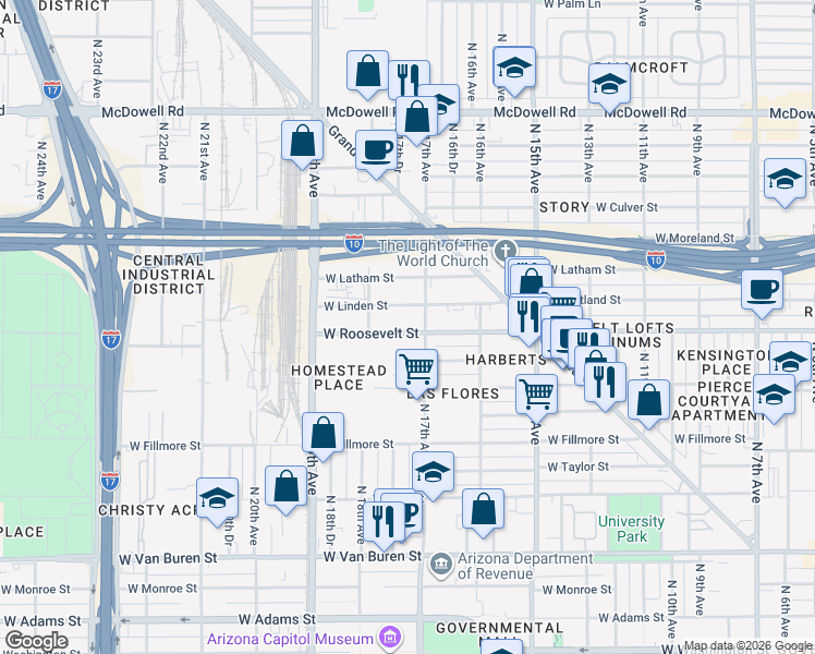 map of restaurants, bars, coffee shops, grocery stores, and more near 1714 West Roosevelt Street in Phoenix