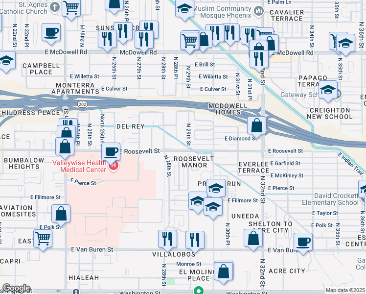 map of restaurants, bars, coffee shops, grocery stores, and more near 2846 East Roosevelt Street in Phoenix