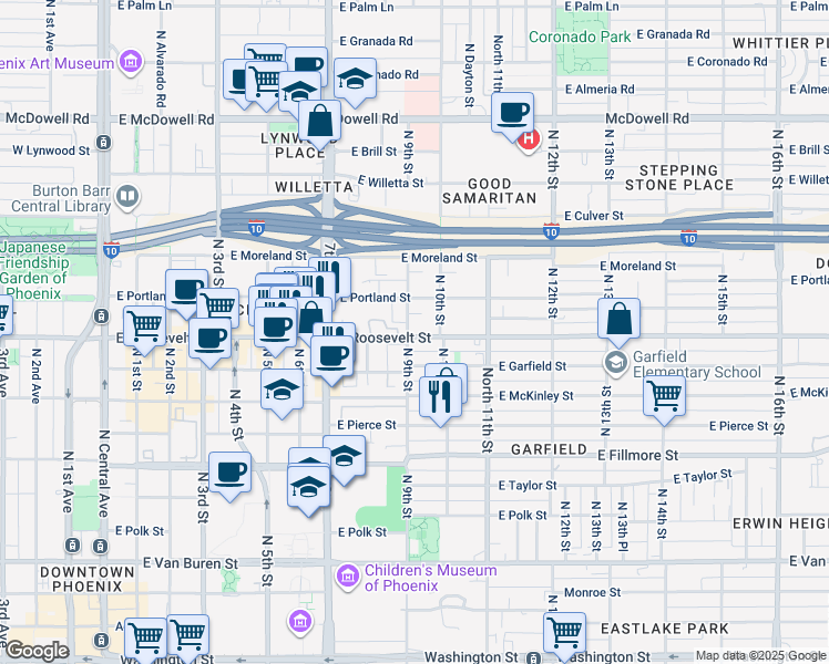 map of restaurants, bars, coffee shops, grocery stores, and more near 1010 North 9th Street in Phoenix
