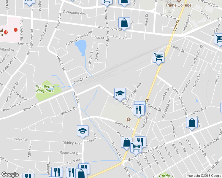 map of restaurants, bars, coffee shops, grocery stores, and more near 1755 Essie McIntyre Boulevard in Augusta