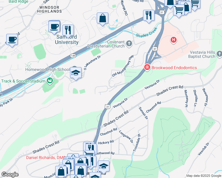 map of restaurants, bars, coffee shops, grocery stores, and more near 1103 Woodland Village in Birmingham
