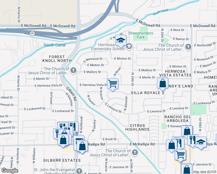 map of restaurants, bars, coffee shops, grocery stores, and more near 2229 East Hermosa Vista Drive in Mesa