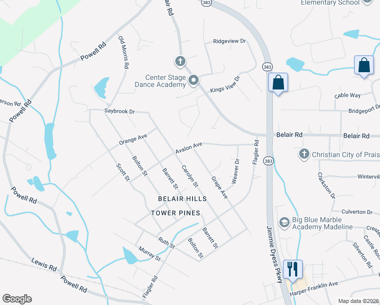 map of restaurants, bars, coffee shops, grocery stores, and more near 3935 Carolyn Street in Augusta
