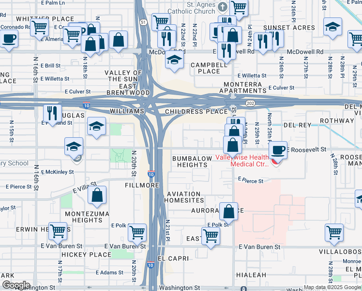 map of restaurants, bars, coffee shops, grocery stores, and more near 2138 East Roosevelt Street in Phoenix