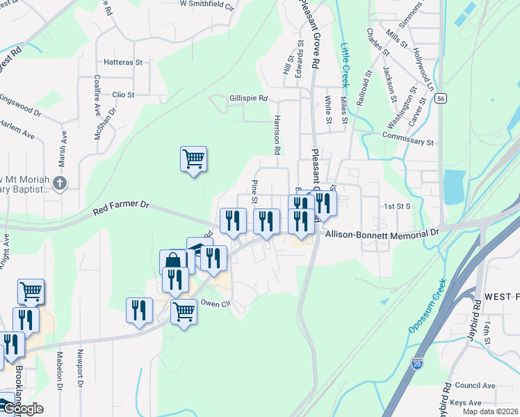 map of restaurants, bars, coffee shops, grocery stores, and more near 110 Pine Street in Bessemer