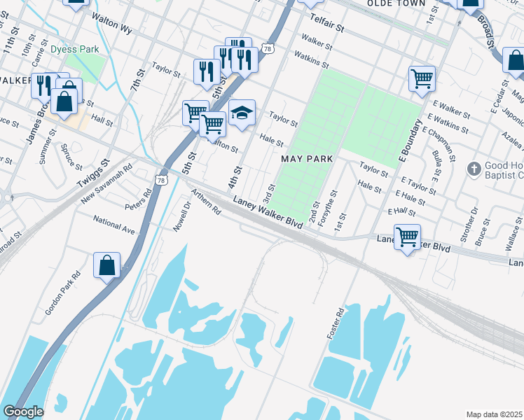 map of restaurants, bars, coffee shops, grocery stores, and more near Laney Walker Boulevard in Augusta