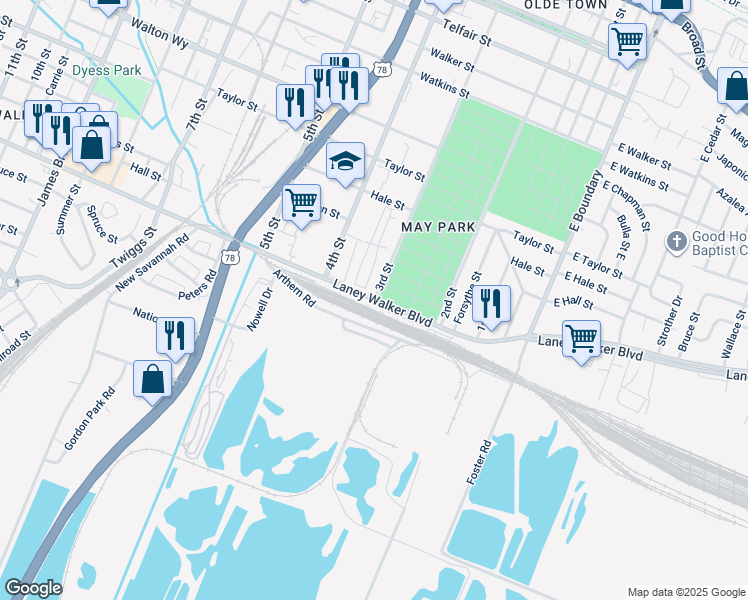 map of restaurants, bars, coffee shops, grocery stores, and more near Laney Walker Boulevard in Augusta