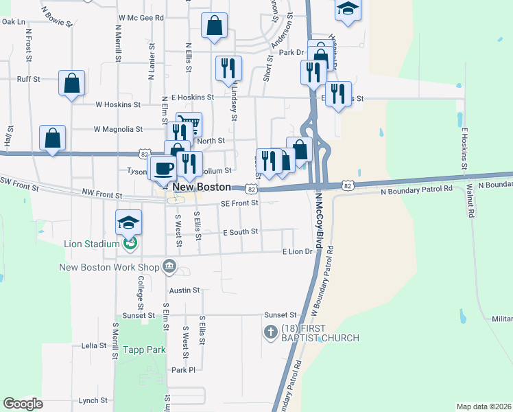 map of restaurants, bars, coffee shops, grocery stores, and more near 424 Southeast Front Street in New Boston