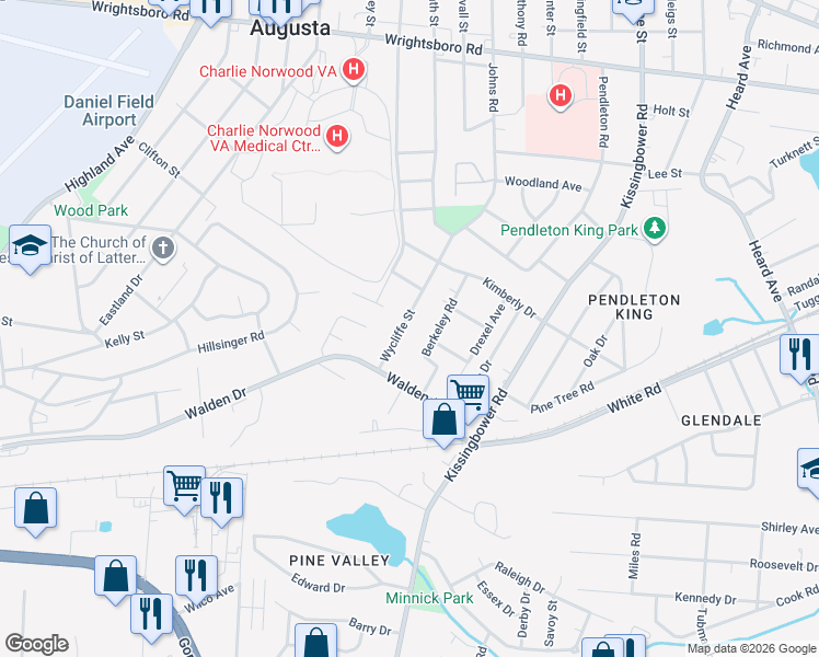 map of restaurants, bars, coffee shops, grocery stores, and more near 1746 Wycliffe Street in Augusta