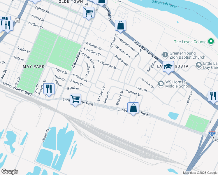 map of restaurants, bars, coffee shops, grocery stores, and more near 1302 Bruce Street in Augusta