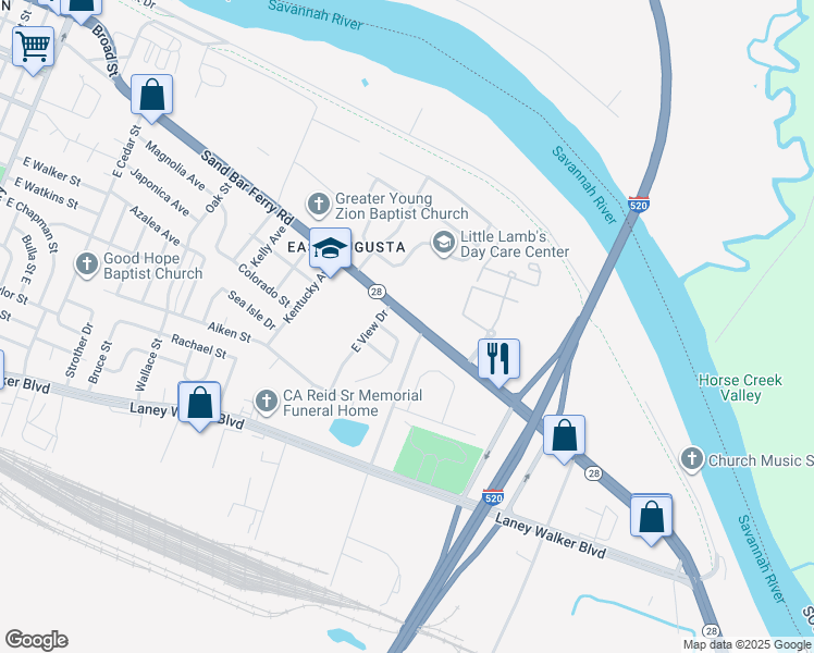 map of restaurants, bars, coffee shops, grocery stores, and more near 510 Sand Bar Ferry Road in Augusta