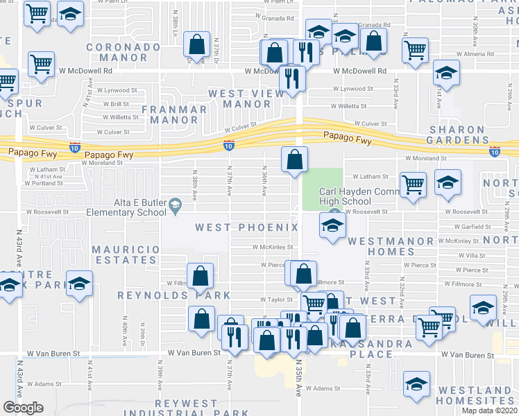 map of restaurants, bars, coffee shops, grocery stores, and more near 3606 West Roosevelt Street in Phoenix