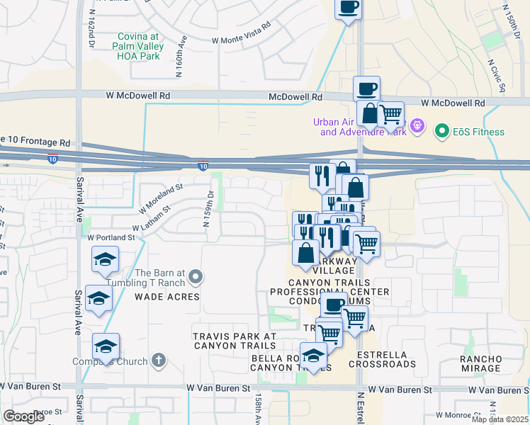 map of restaurants, bars, coffee shops, grocery stores, and more near 15769 West Latham Street in Goodyear