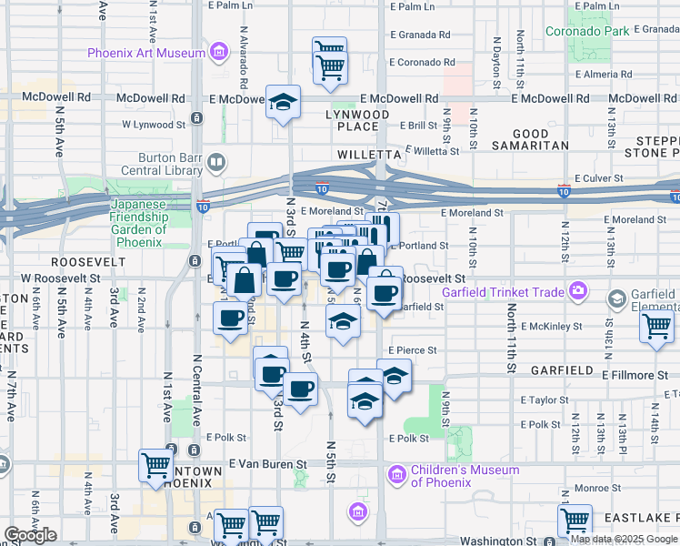 map of restaurants, bars, coffee shops, grocery stores, and more near 144 East Roosevelt Street in Phoenix