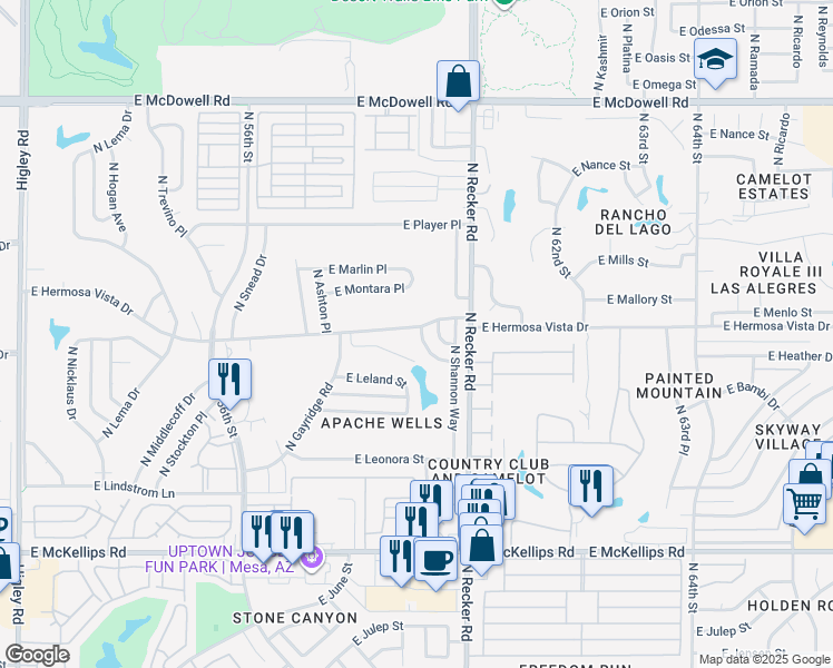 map of restaurants, bars, coffee shops, grocery stores, and more near 5855 East Hermosa Vista Drive in Mesa