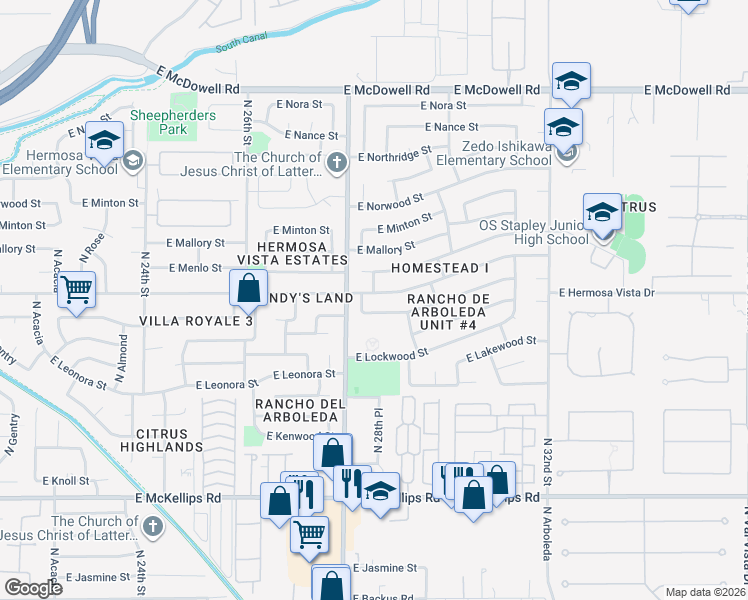 map of restaurants, bars, coffee shops, grocery stores, and more near 2839 East Hermosa Vista Drive in Mesa
