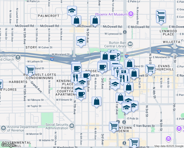 map of restaurants, bars, coffee shops, grocery stores, and more near 420 West Roosevelt Street in Phoenix