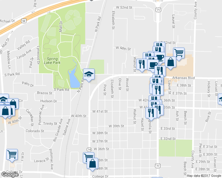 map of restaurants, bars, coffee shops, grocery stores, and more near 4217 Elizabeth Street in Texarkana