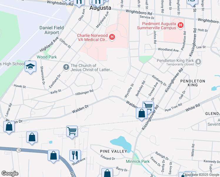 map of restaurants, bars, coffee shops, grocery stores, and more near 2113 Whitney South Drive in Augusta