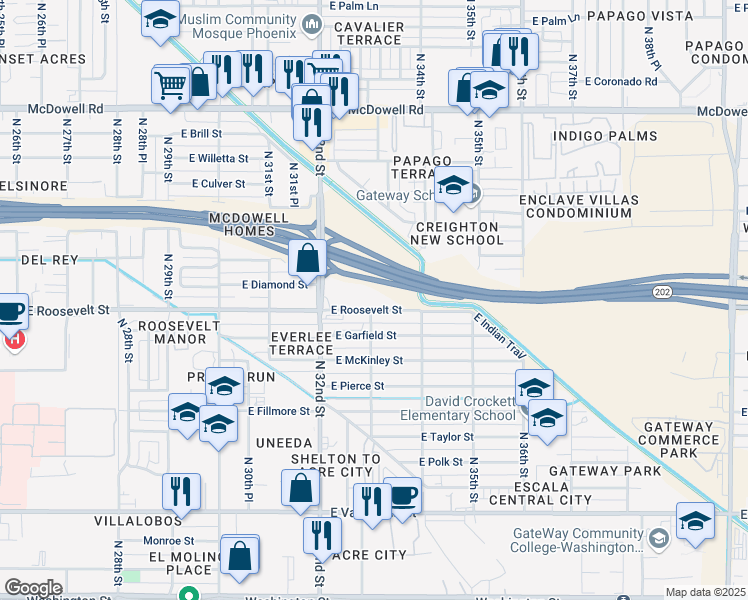 map of restaurants, bars, coffee shops, grocery stores, and more near 3300 East Roosevelt Street in Phoenix