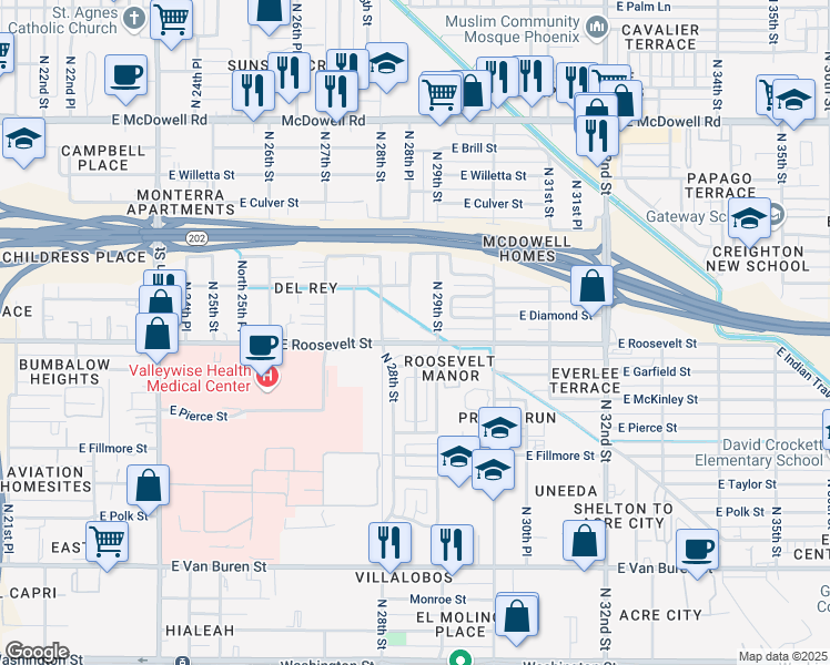 map of restaurants, bars, coffee shops, grocery stores, and more near 2846 East Roosevelt Street in Phoenix