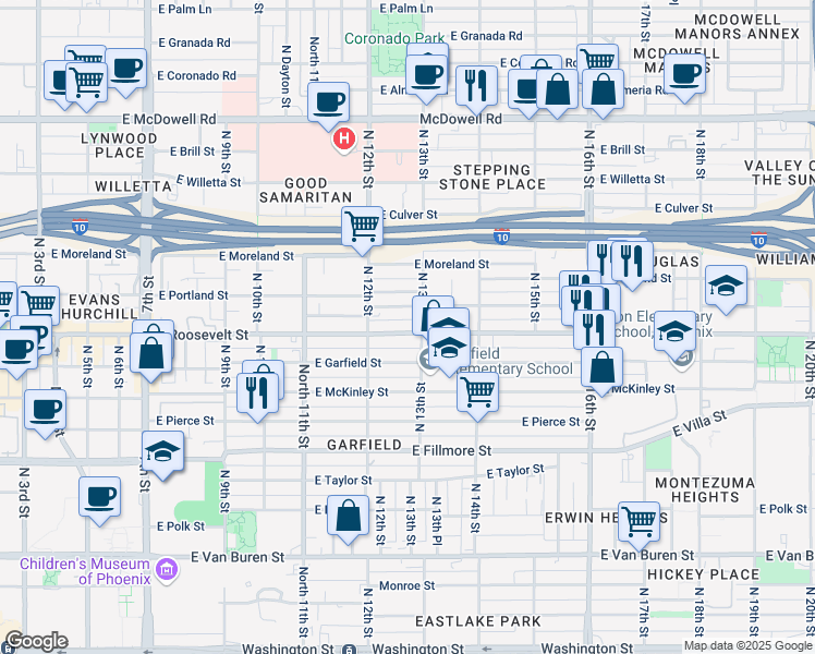 map of restaurants, bars, coffee shops, grocery stores, and more near 1248 East Roosevelt Street in Phoenix