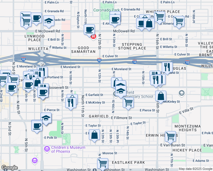 map of restaurants, bars, coffee shops, grocery stores, and more near 1210 East Roosevelt Street in Phoenix