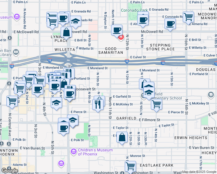 map of restaurants, bars, coffee shops, grocery stores, and more near in Phoenix