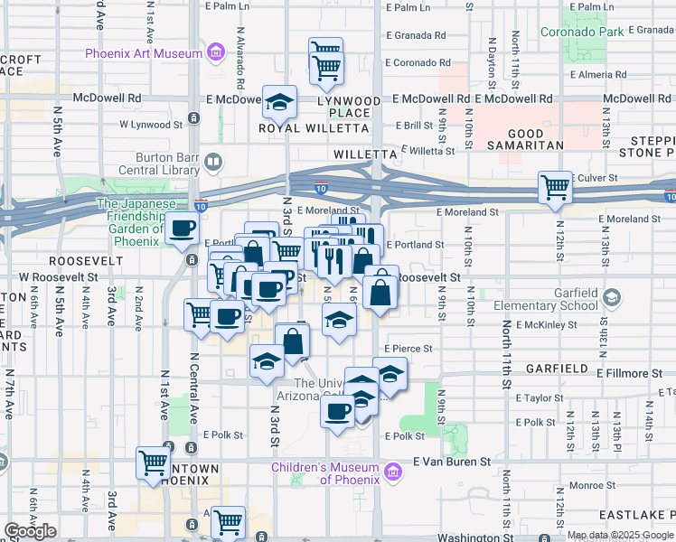 map of restaurants, bars, coffee shops, grocery stores, and more near 144 East Roosevelt Street in Phoenix