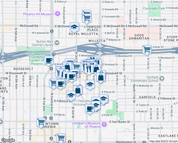 map of restaurants, bars, coffee shops, grocery stores, and more near 144 East Roosevelt Street in Phoenix