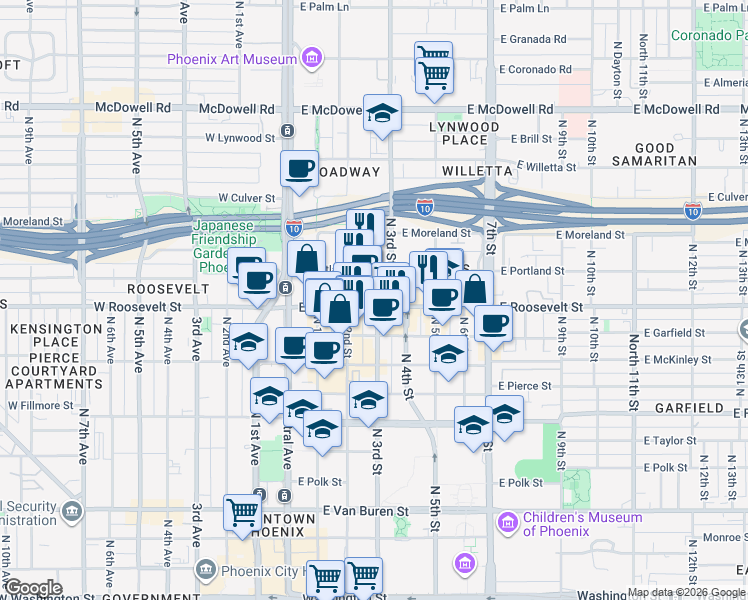 map of restaurants, bars, coffee shops, grocery stores, and more near in Phoenix