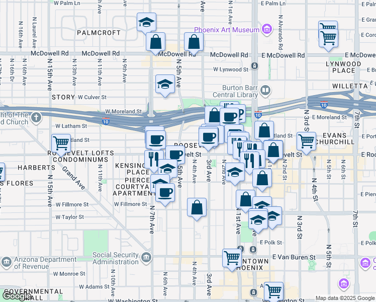 map of restaurants, bars, coffee shops, grocery stores, and more near 420 West Roosevelt Street in Phoenix