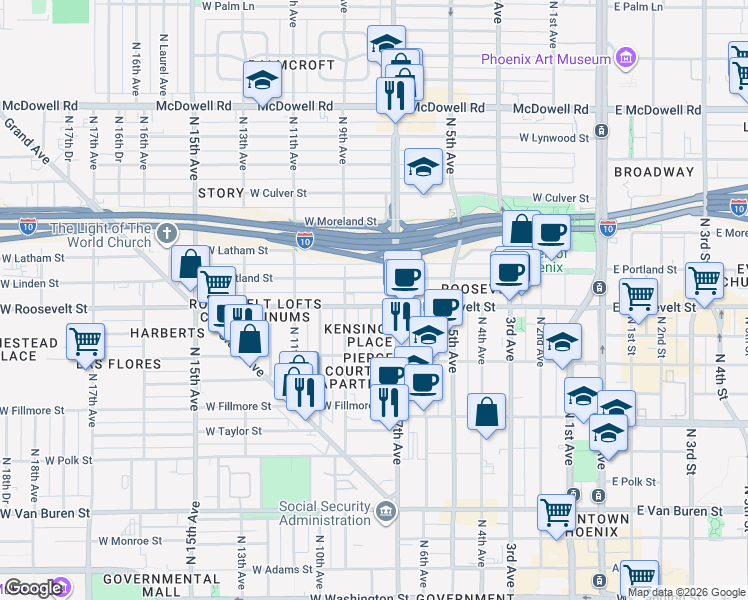 map of restaurants, bars, coffee shops, grocery stores, and more near in Phoenix