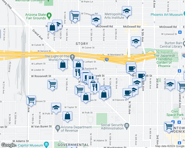 map of restaurants, bars, coffee shops, grocery stores, and more near 1003 North 13th Avenue in Phoenix