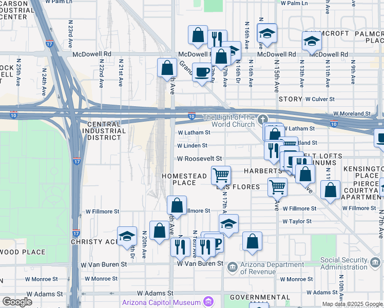 map of restaurants, bars, coffee shops, grocery stores, and more near 1010 North 18th Avenue in Phoenix