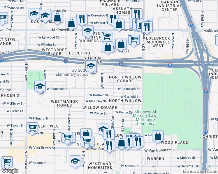 map of restaurants, bars, coffee shops, grocery stores, and more near 2904 West Roosevelt Street in Phoenix