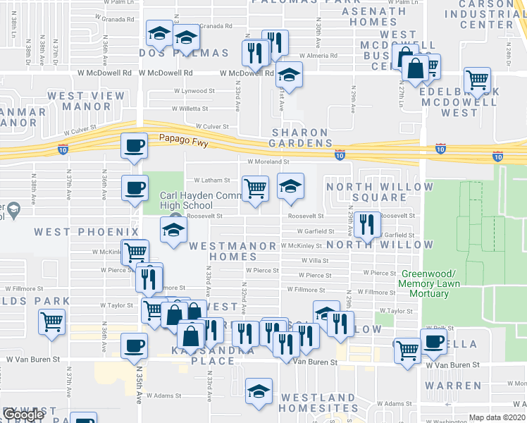map of restaurants, bars, coffee shops, grocery stores, and more near 3110 West Roosevelt Street in Phoenix