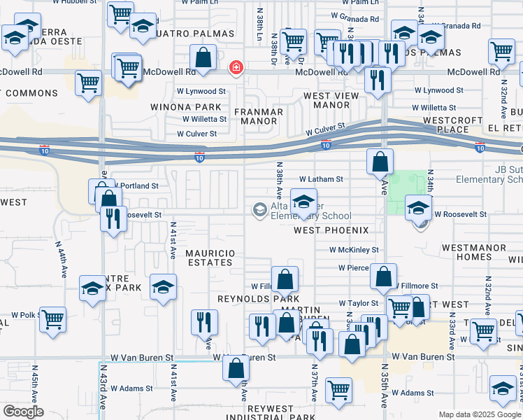 map of restaurants, bars, coffee shops, grocery stores, and more near 3812 West Roosevelt Street in Phoenix