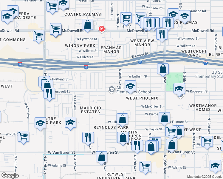map of restaurants, bars, coffee shops, grocery stores, and more near 3812 West Roosevelt Street in Phoenix