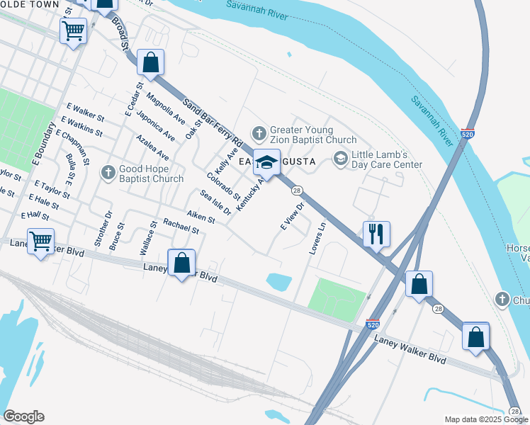 map of restaurants, bars, coffee shops, grocery stores, and more near 320 Kentucky Avenue in Augusta